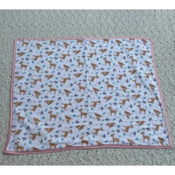 Hand Sewn By Marta Chacon Handmade Deer Print Baby Blanket Pink White 35"x44" - Picture 4 of 10
